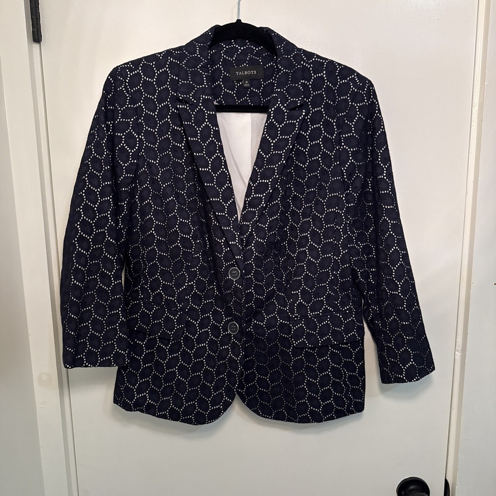 Talbots Navy Blue White Diamond Print Blazer Jacket Size 12